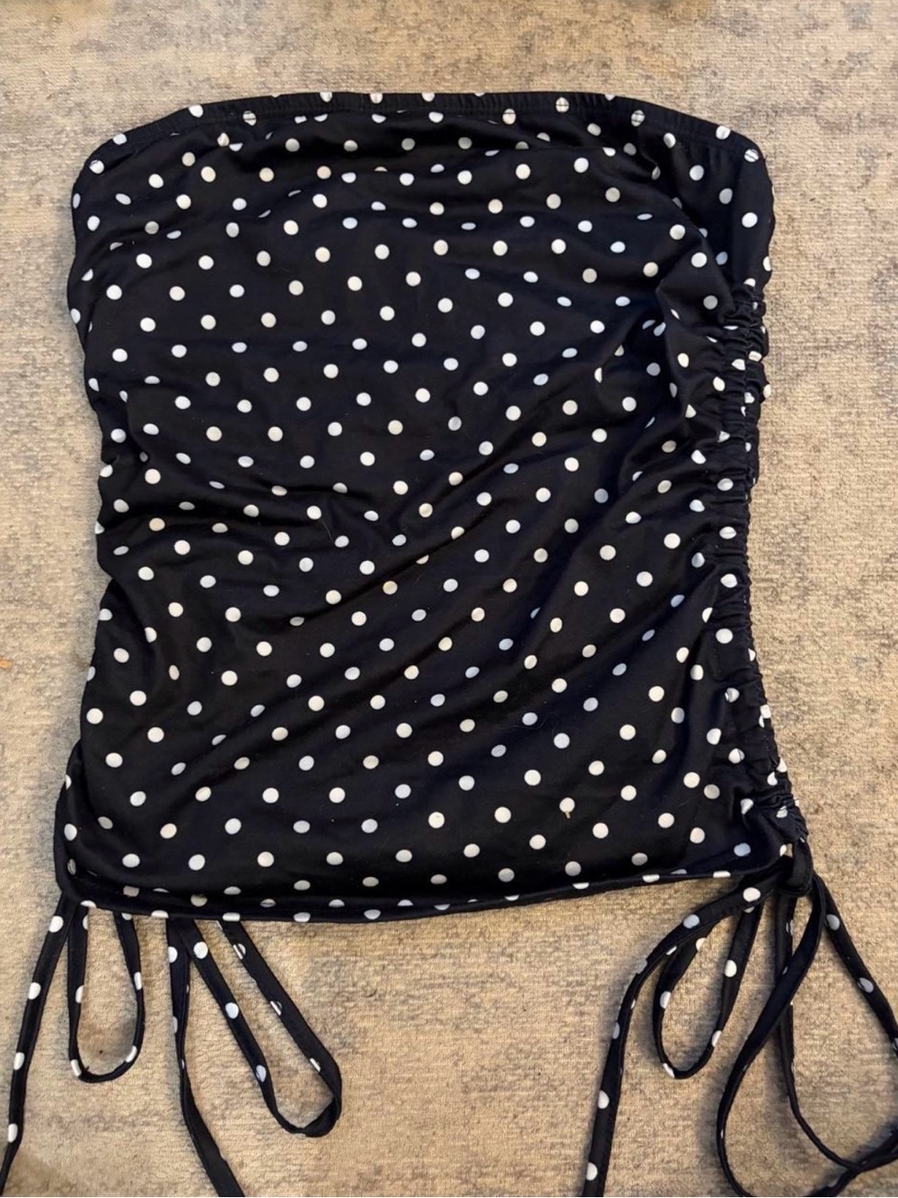 Black & White Polka Dot Strapless Ruched Side Top